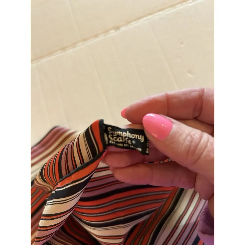Vtg Symphony Striped‎ 20” Square Scarf Black Tan Red Rolled Hem MCM 1960s USA